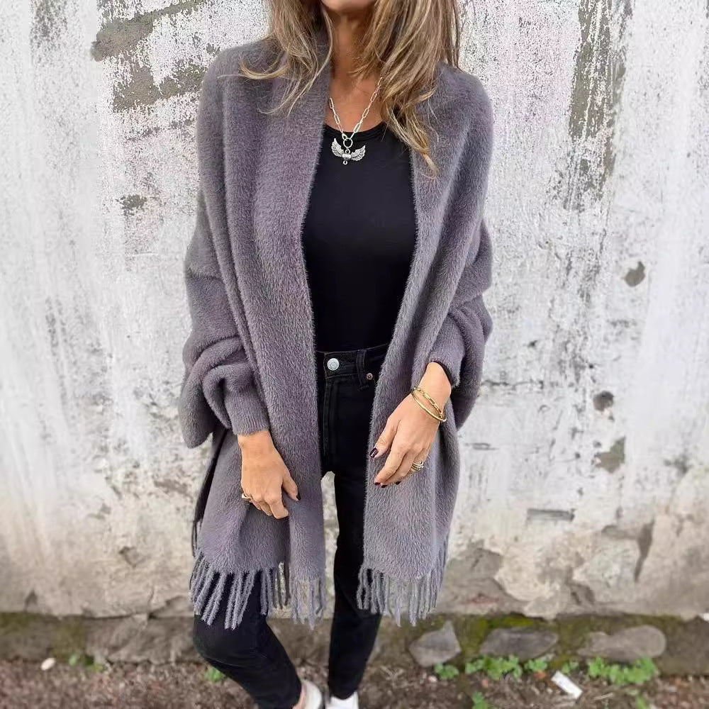 Cardigan à Manches Chauve-Souris avec Pompons – Style Châle Tendance