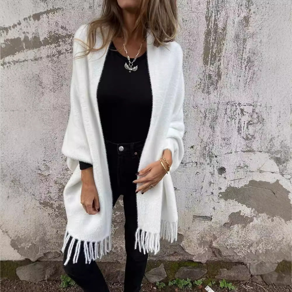 Cardigan à Manches Chauve-Souris avec Pompons – Style Châle Tendance