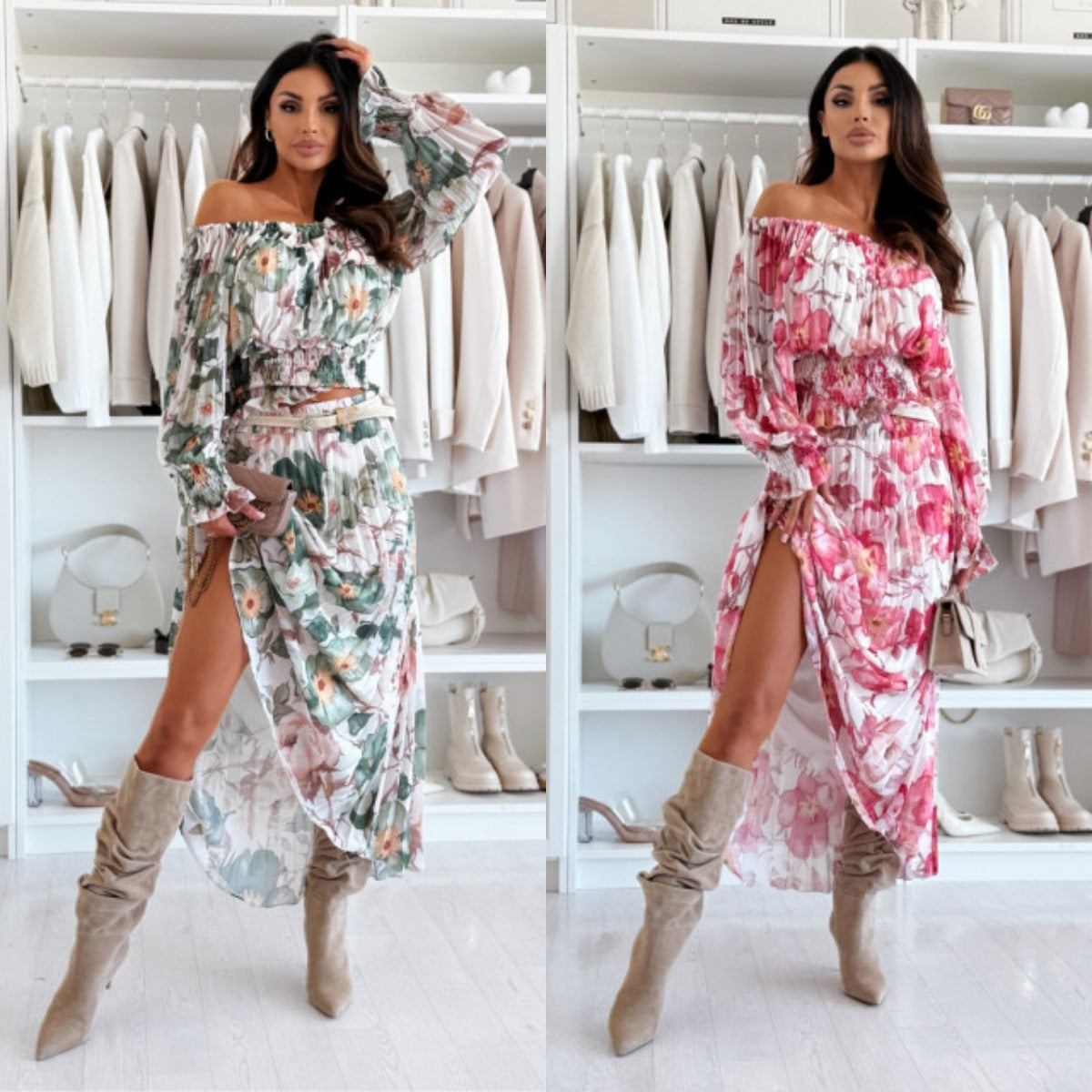 Ensemble deux pièces : blouse épaules dénudées & jupe longue