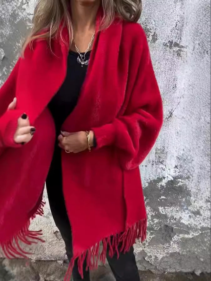 Cardigan à Manches Chauve-Souris avec Pompons – Style Châle Tendance