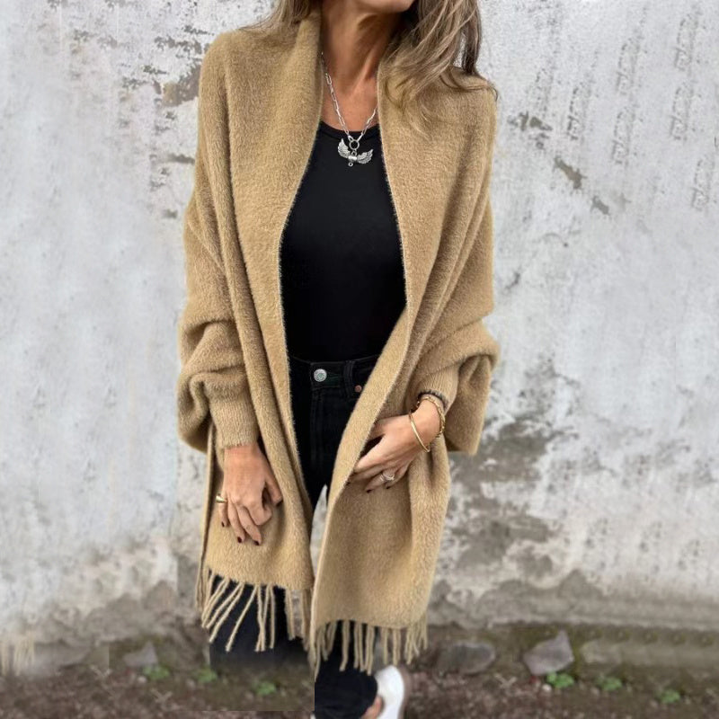 Cardigan à Manches Chauve-Souris avec Pompons – Style Châle Tendance