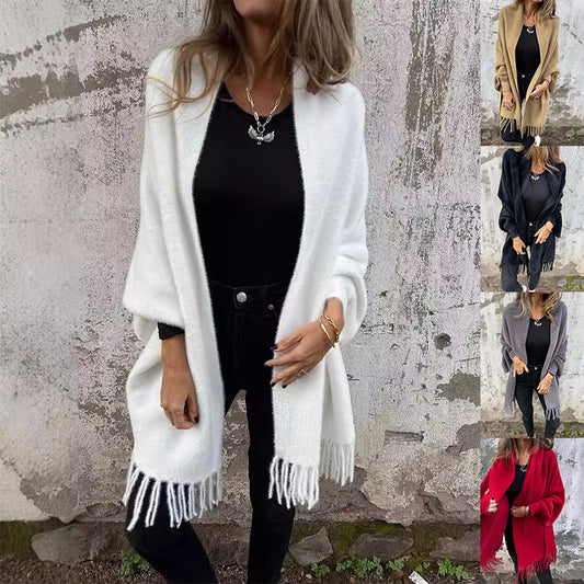 Cardigan à Manches Chauve-Souris avec Pompons – Style Châle Tendance