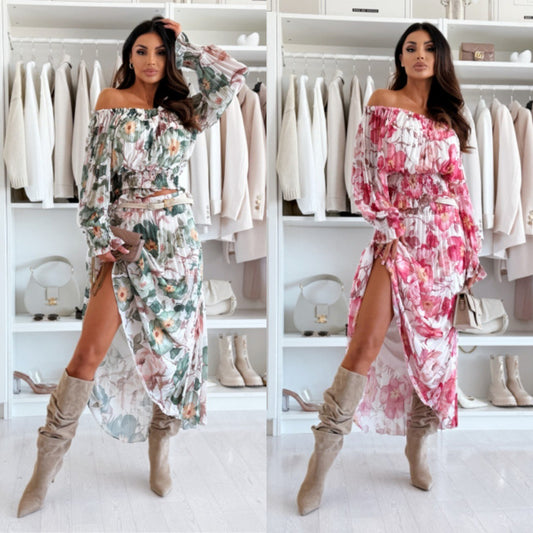 Ensemble deux pièces : blouse épaules dénudées & jupe longue