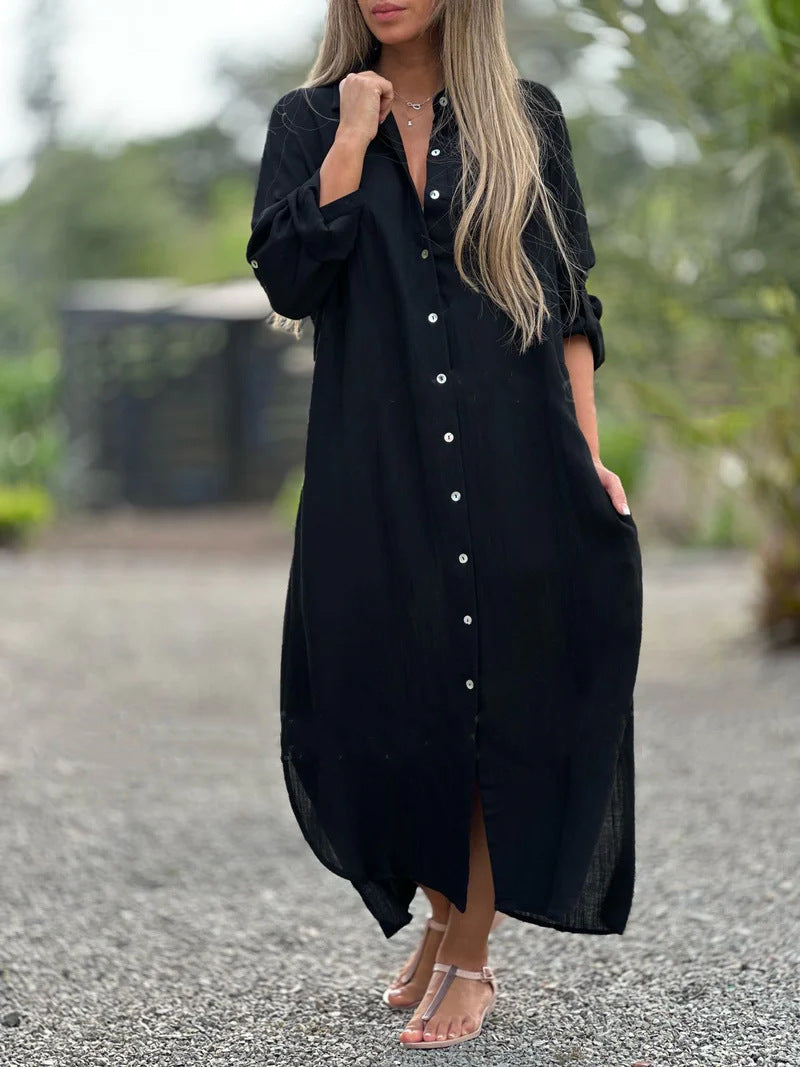 Alaina - Robe décontractée en lin avec boutons sur le devant