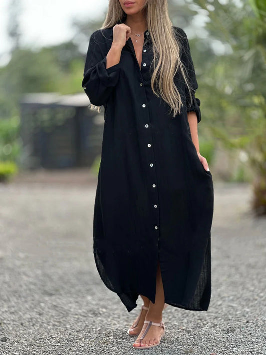 Alaina - Robe décontractée en lin avec boutons sur le devant