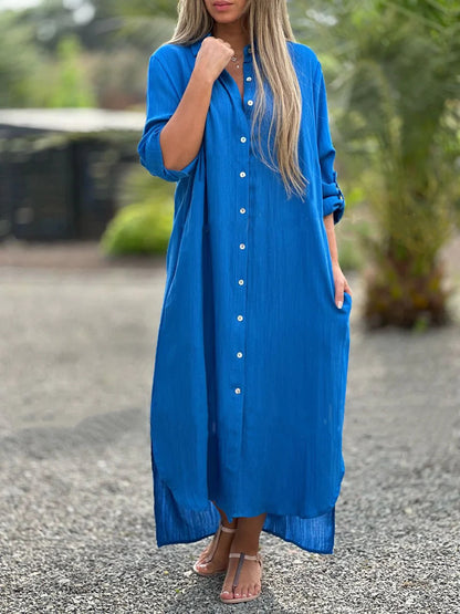 Alaina - Robe décontractée en lin avec boutons sur le devant