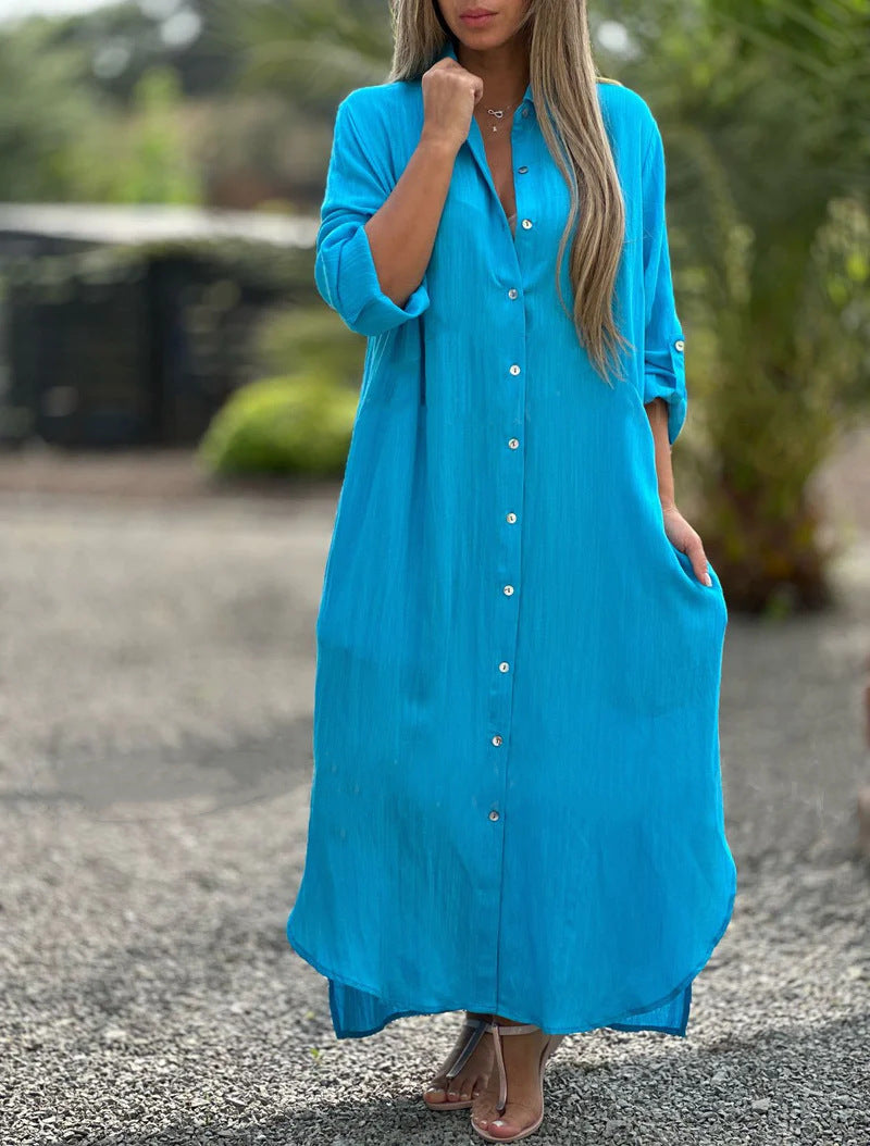Alaina - Robe décontractée en lin avec boutons sur le devant
